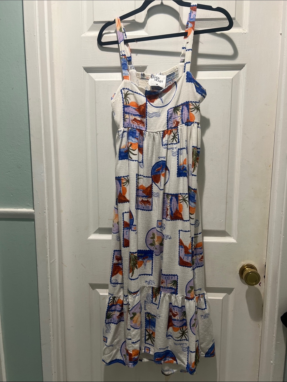 Paper Heart White Tropical-Print Maxi Sundress with Orange & Blue Accents